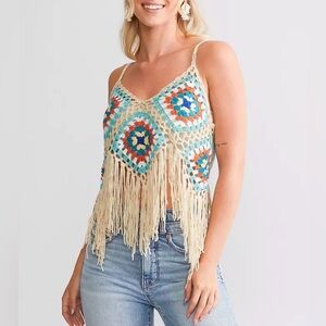 Be Divine Crochet Fringe Top – Boho Festival Tank – One Size (1230)